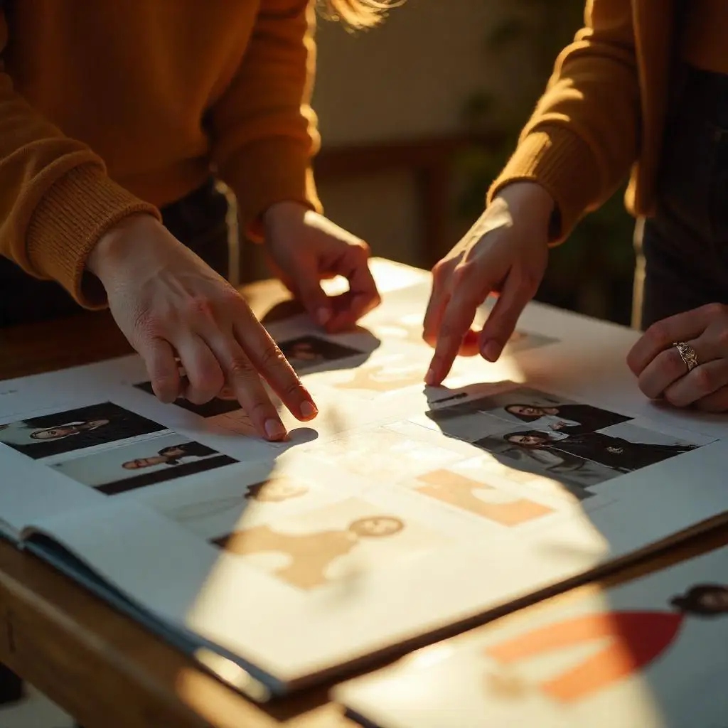 Hands arranging printed family photographs in warm light