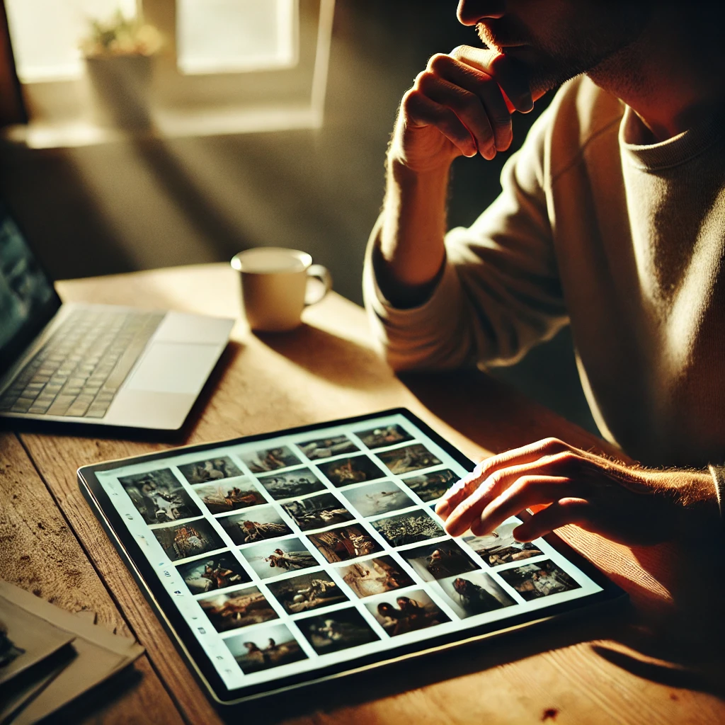 A client considering portrait selections on a tablet