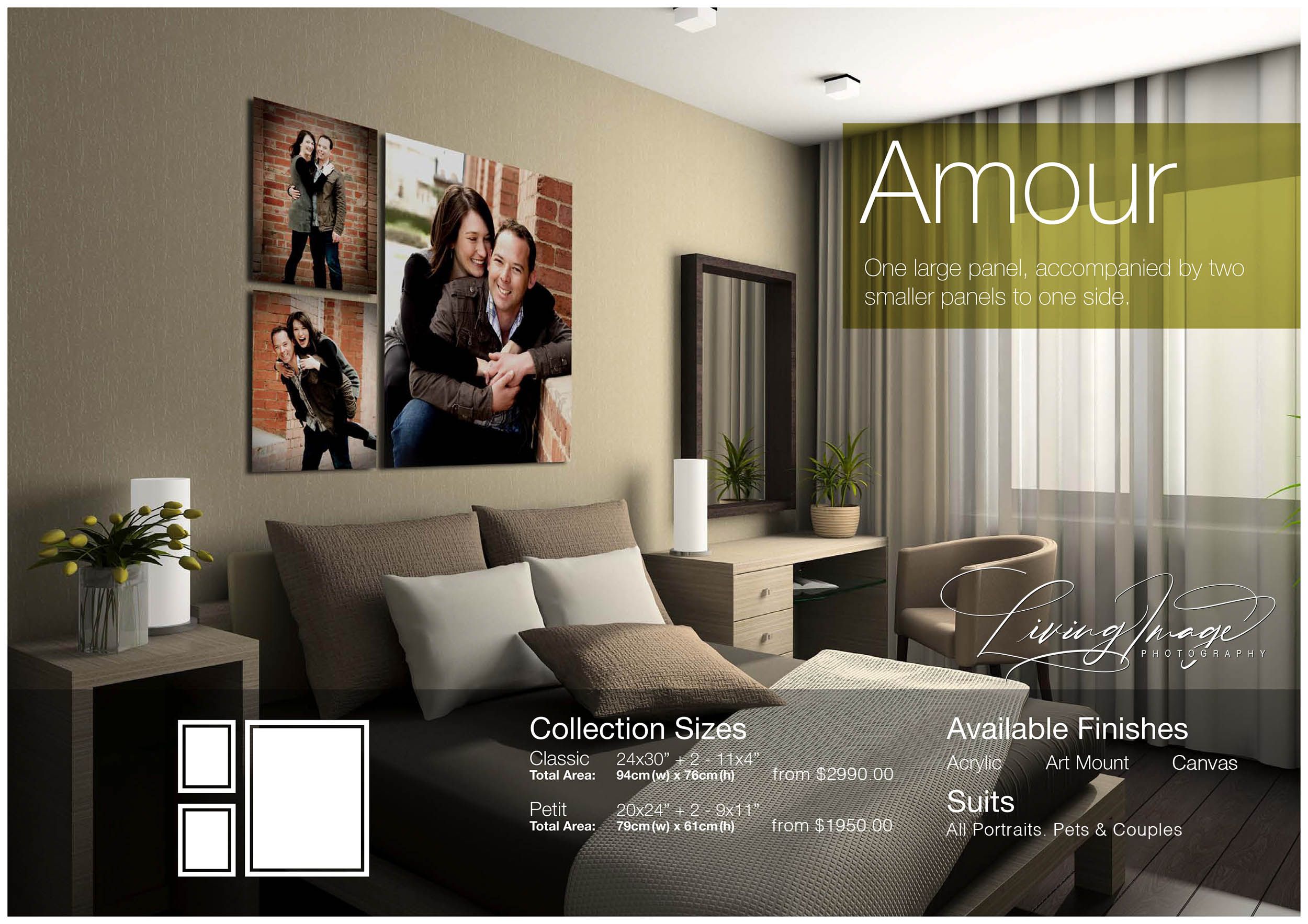 A large couple portrait with two smaller companion portraits displayed in a neutral bedroom