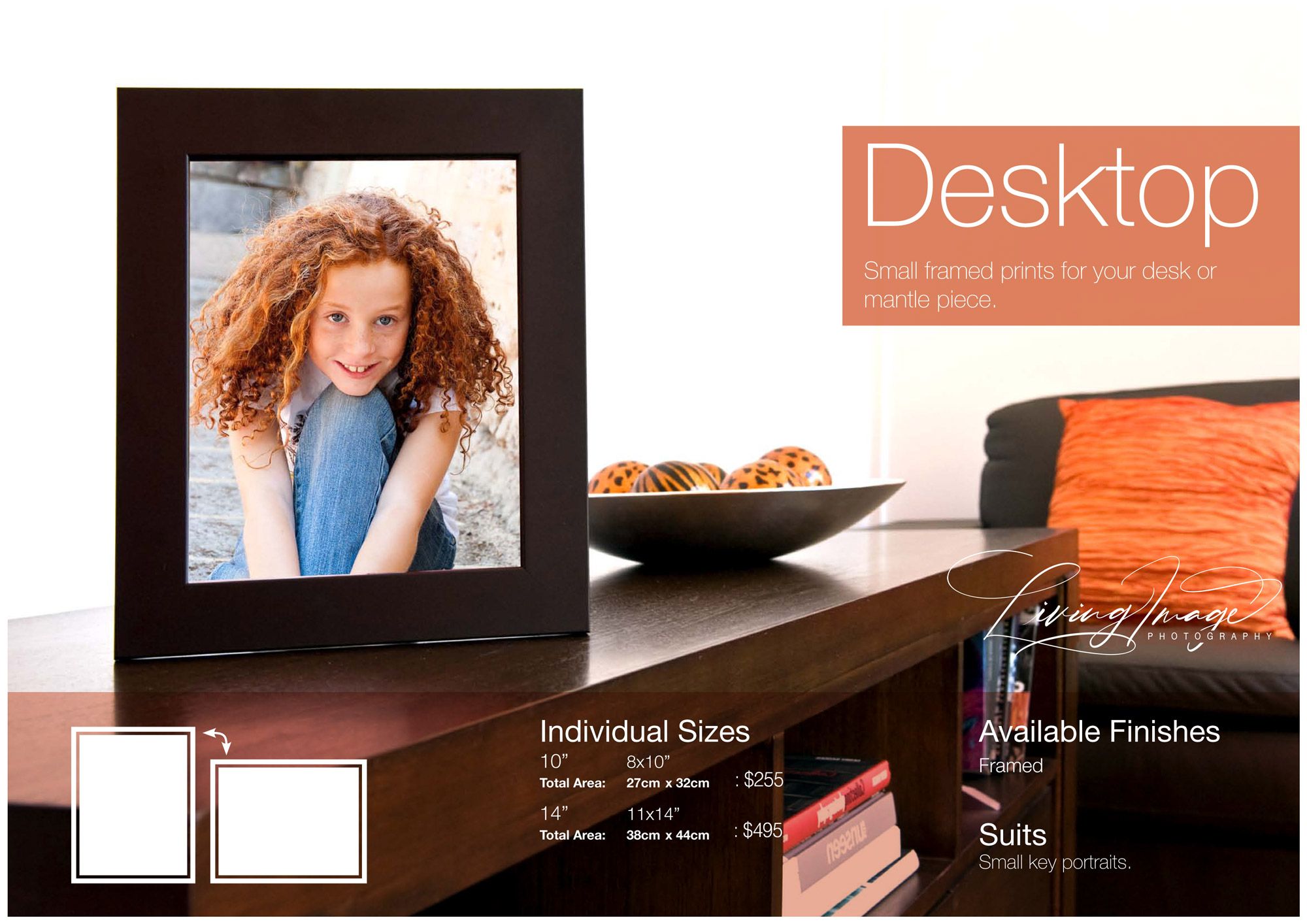 A framed portrait of a red-haired girl displayed on a dark console in a living room